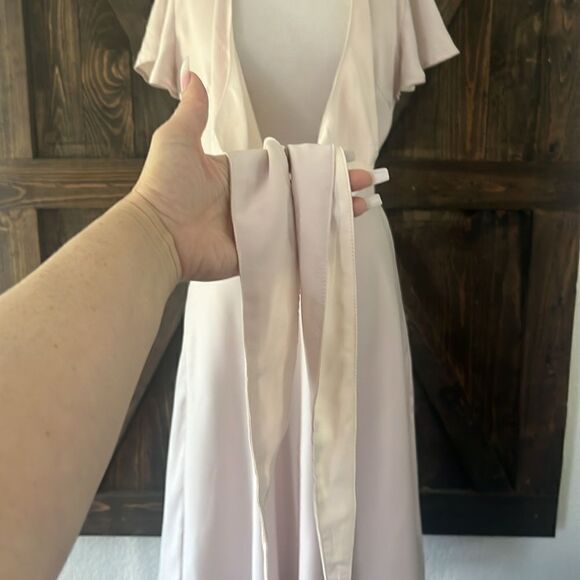 Satin V Neck Ruffle Short Sleeve Tie Front High Waist Midi A-Line Long D… - Picture 8 of 12